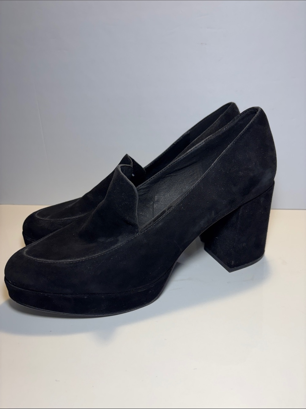 Eileen Fisher Black Suede Block Heel Loafers